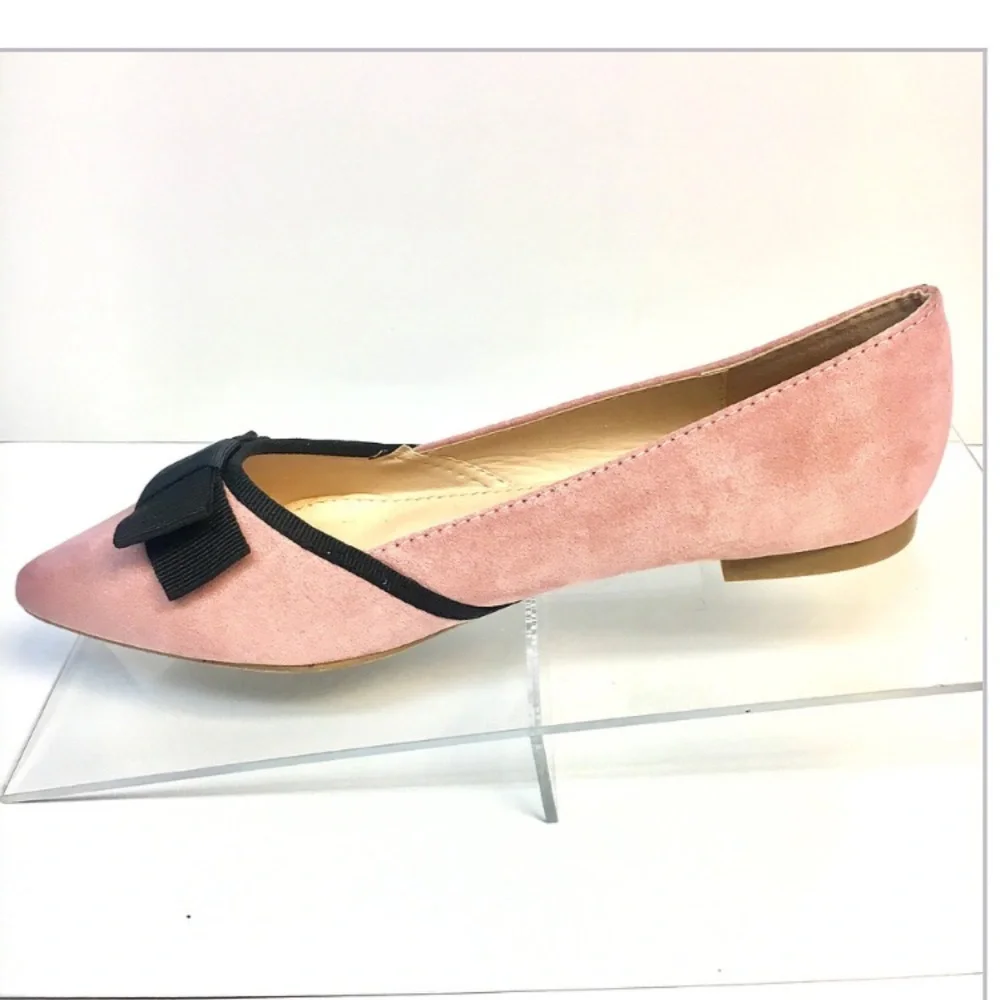 Pink Pointed Toe Flats with Black Bow - Faux Suede - Picture 2 of 7